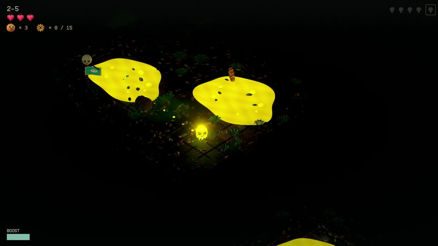Gloomtroopers player character near yellow pools in a dark forest