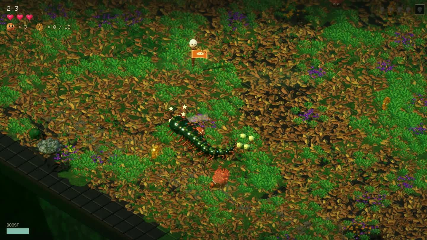 Gloomtroopers forest gameplay with a copper player character and a giant centipede among leaves and moss