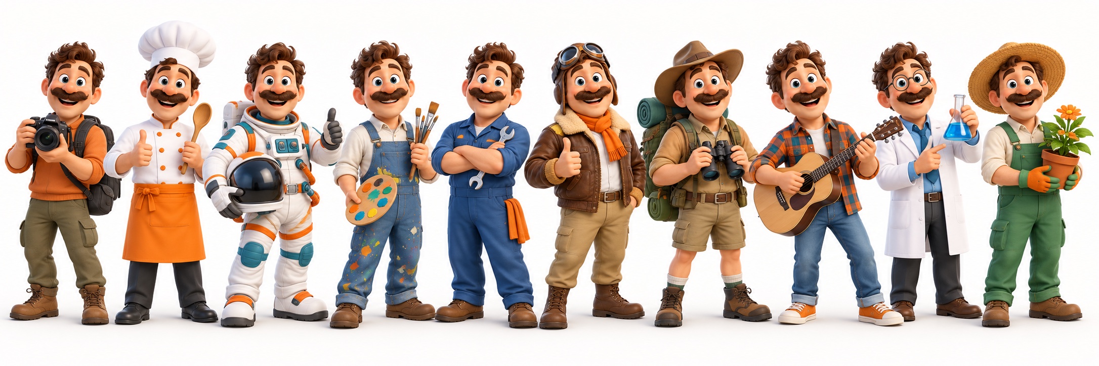 Ten Turbo Larry characters dressed as a photographer, chef, astronaut, painter, mechanic, pilot, explorer, musician, scientist, and gardener